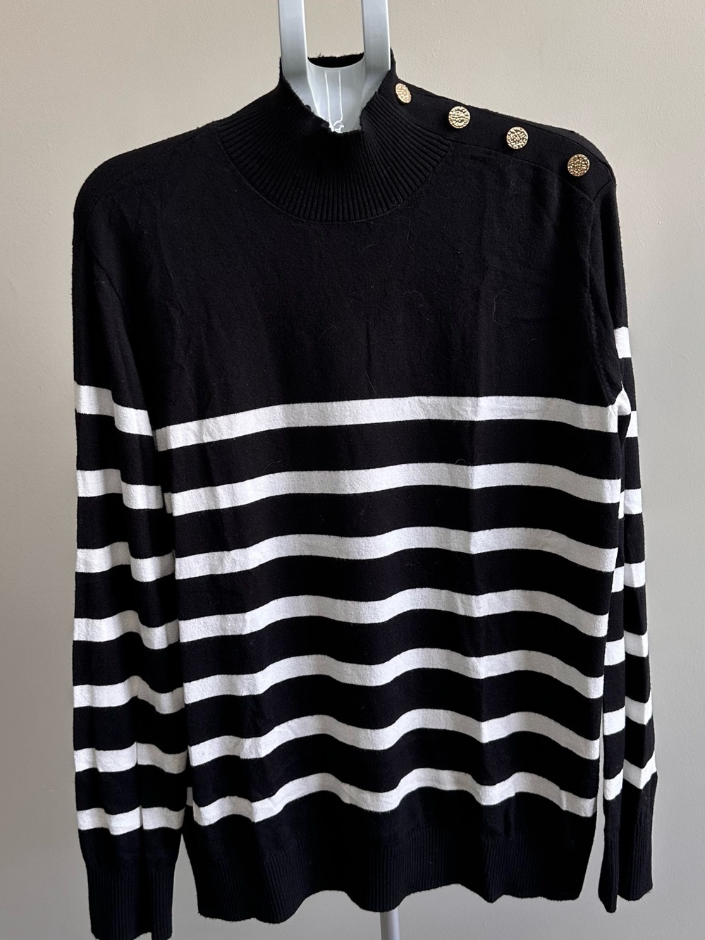 Joseph A Black and White Striped Turtleneck Sweater with Gold Shoulder Buttons